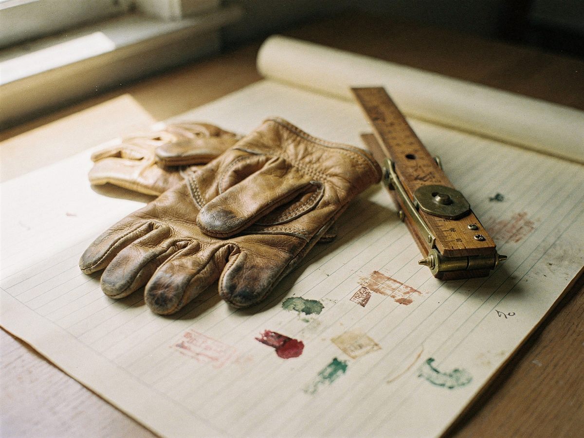 Work gloves and a folding carpenter's rule on cream ledger paper with red and green ink marks